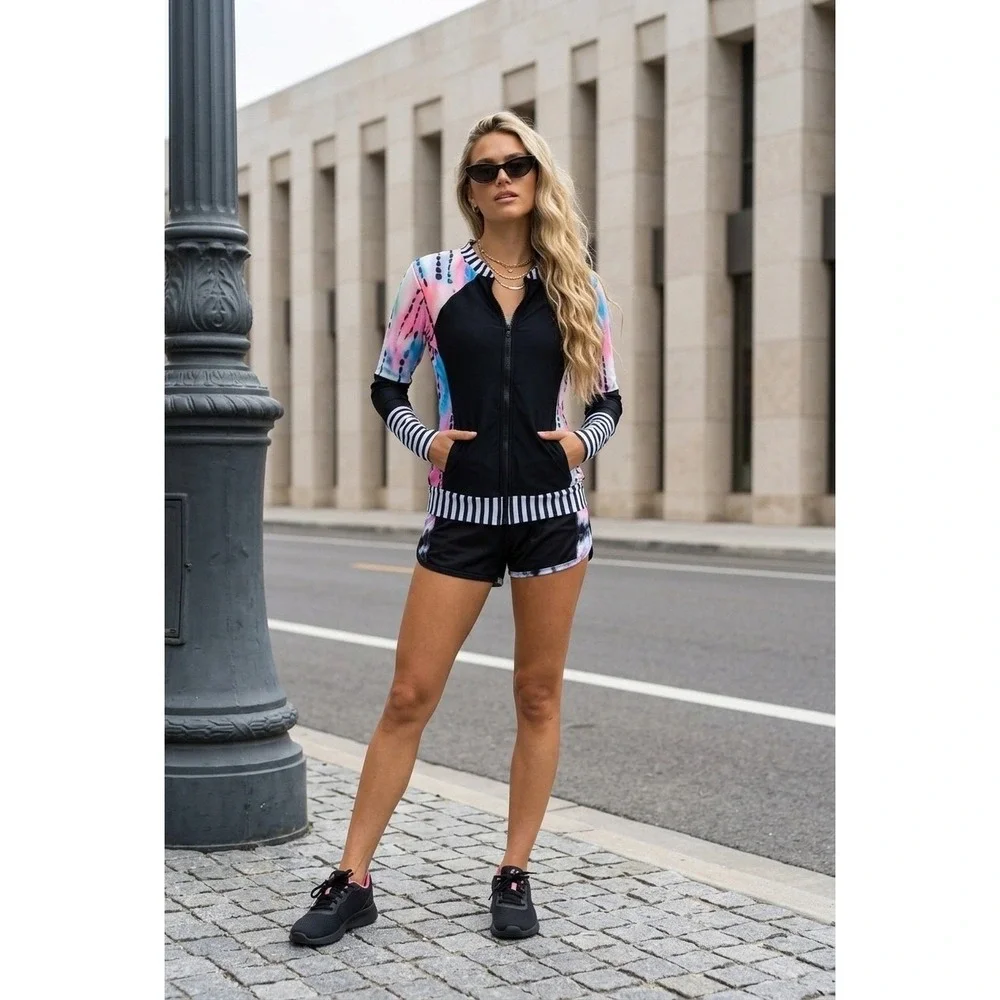 Women Long Sleeve Zip Front Swim Triathlon Cycling jersey Tie-Dye Stripe‎ Small